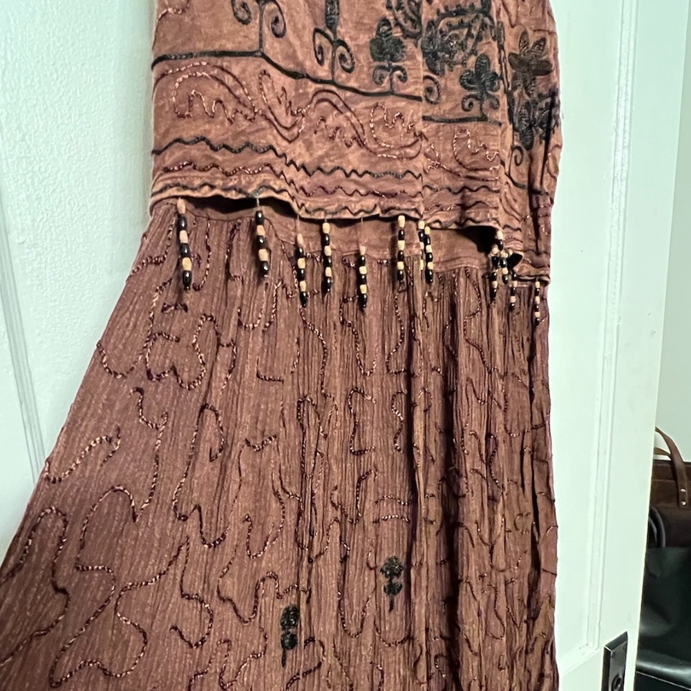 VTG Marisol Brown MIDI Cottagecore Dress Boho Embroidered Sleeveless Bead, XL - Picture 7 of 14